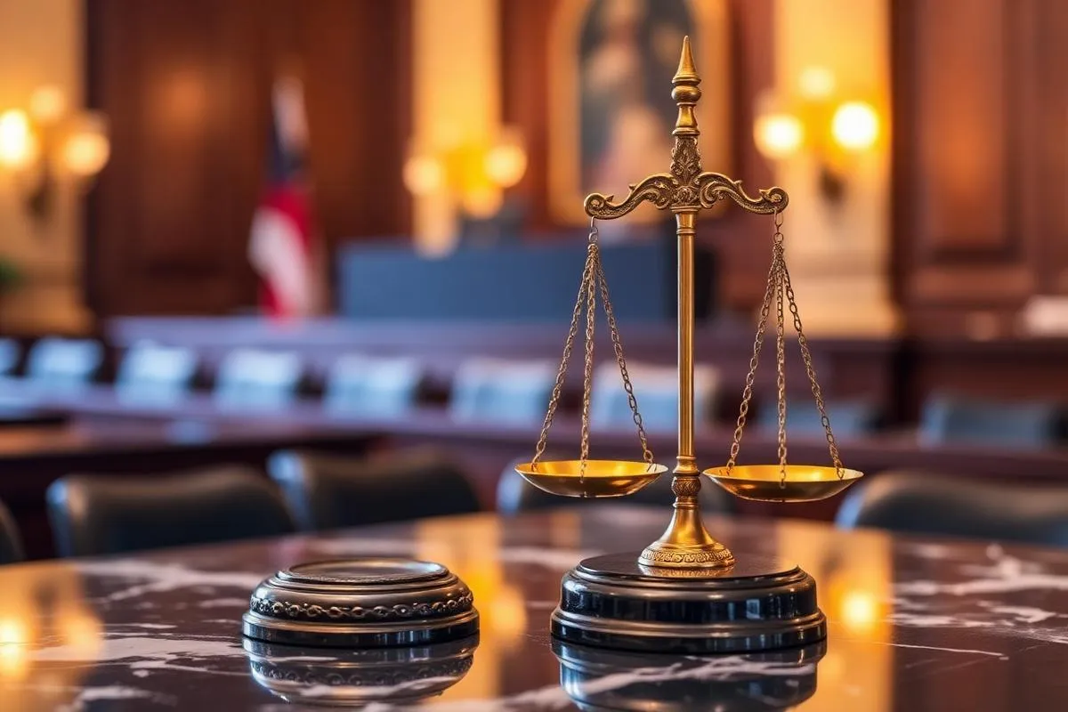 Waage der Justiz auf Marmorschreibtisch in goldenem Licht