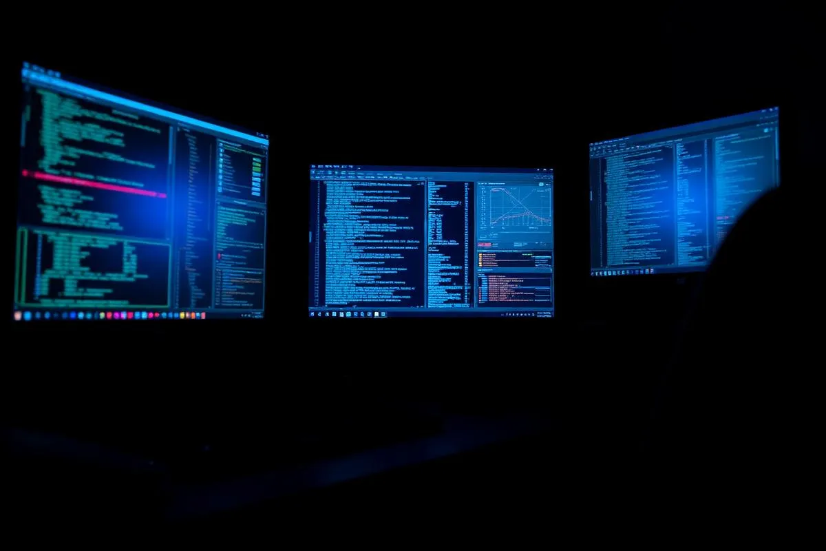 Mehrere Computerbildschirme mit Datenanalyse in dunklem Raum