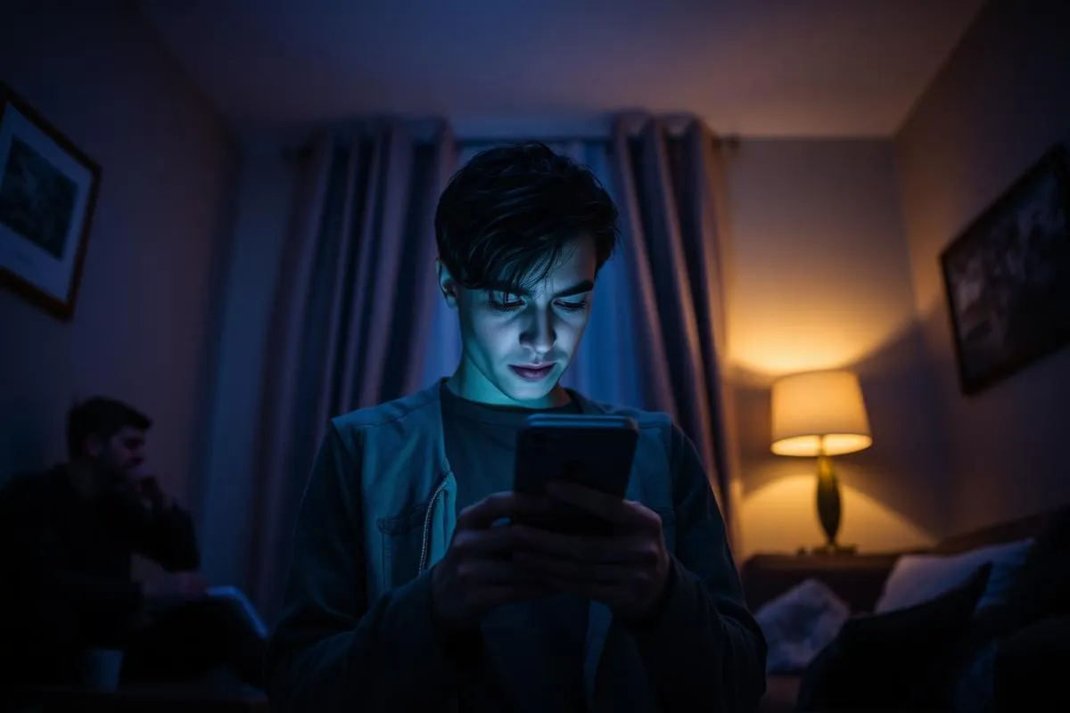 Person prüft besorgt Smartphone in abgedunkeltem Raum